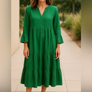 J.Jill Kelly Green Linen Blend Midi Dress V-Neck Tiered Bell Sleeve 2X